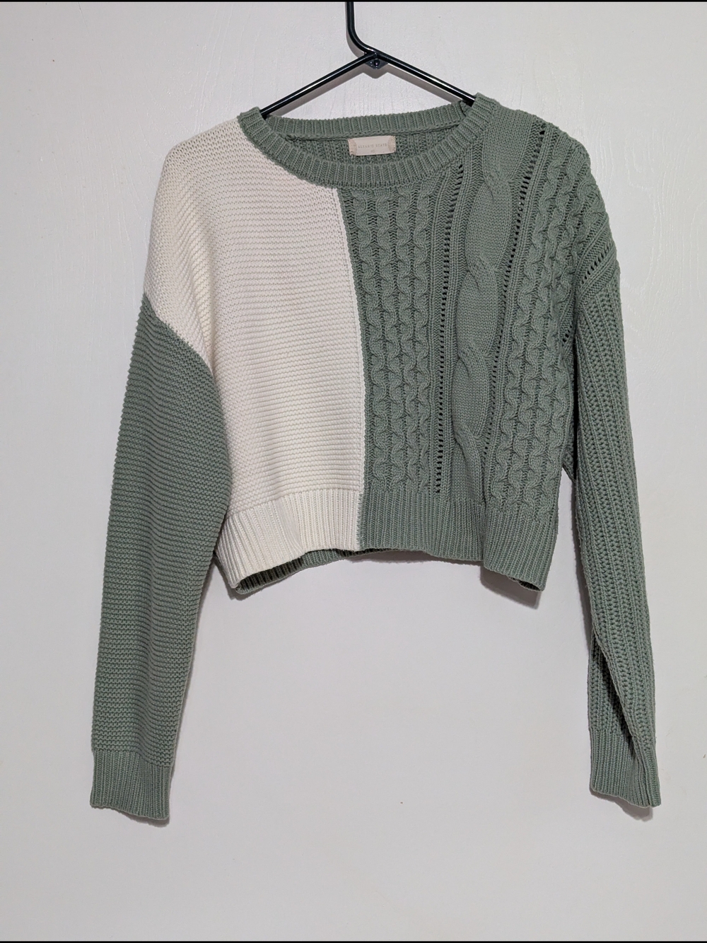 Altar'd State Cream & Sage Green Cable Colorblock Cropped Sweater